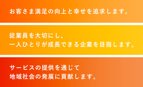 お客さま満足の向上と幸せを追求します。従業員を大切にし、一人ひとりが成長できる企業を目指します。サービスの提供を通じて地域社会の発展に貢献します。